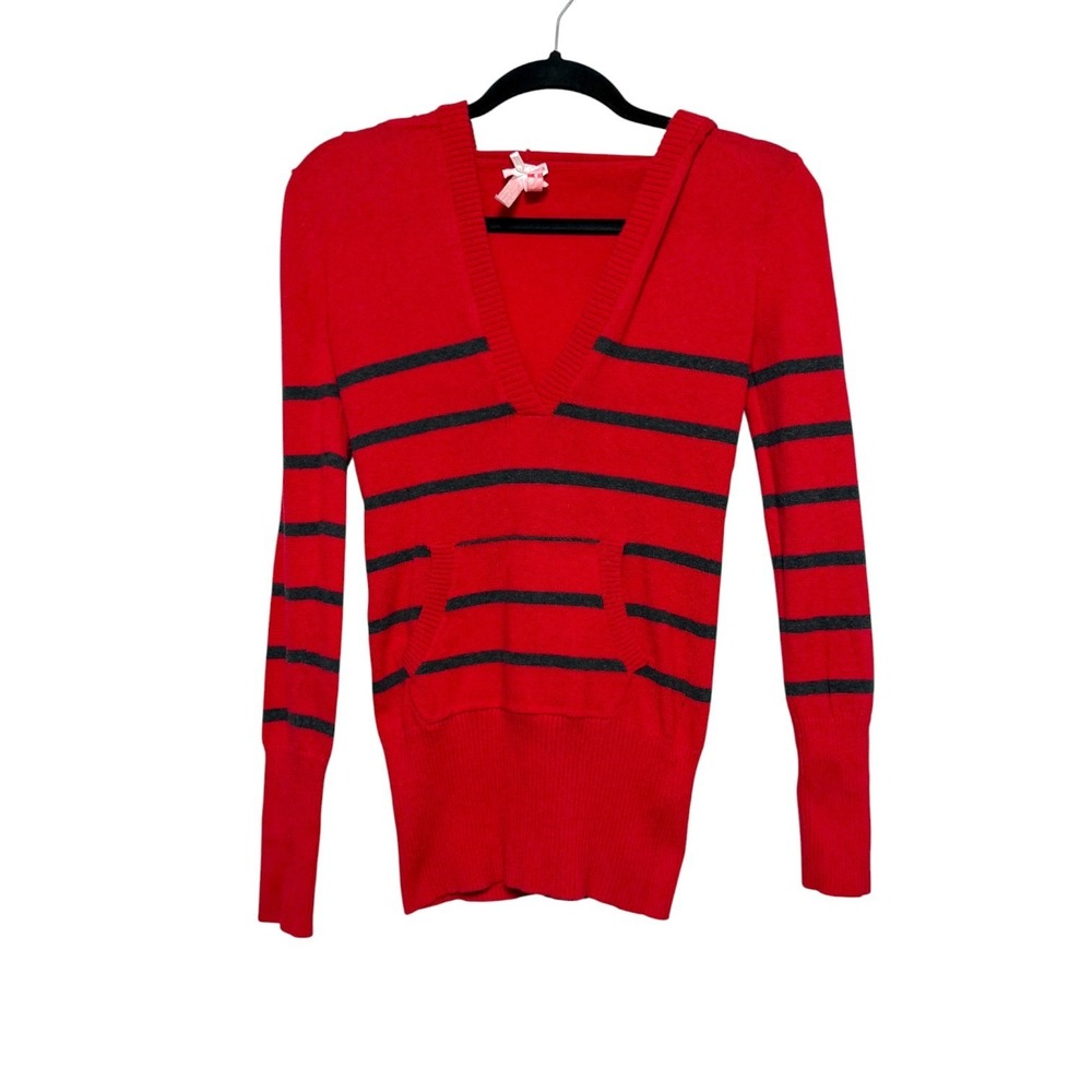 Vintage Derek Heart Y2K Striped V‎ Neck Hooded Sweater Womens Sz XS Retro Preppy